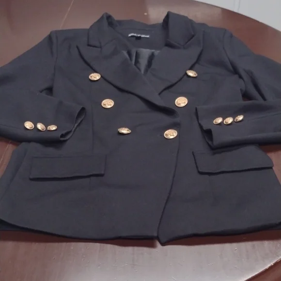 Attitude Unknown Chic Black Double-Breasted Blazer with Gold Accents - Picture 10 of 16